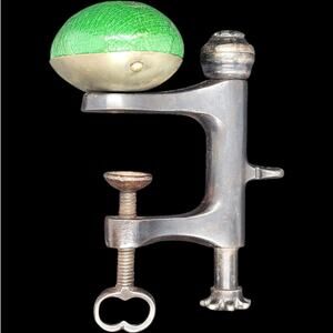 Victorian Black‎ Metal Leather Pin Cushion Clamp Antique Craft Room Accent